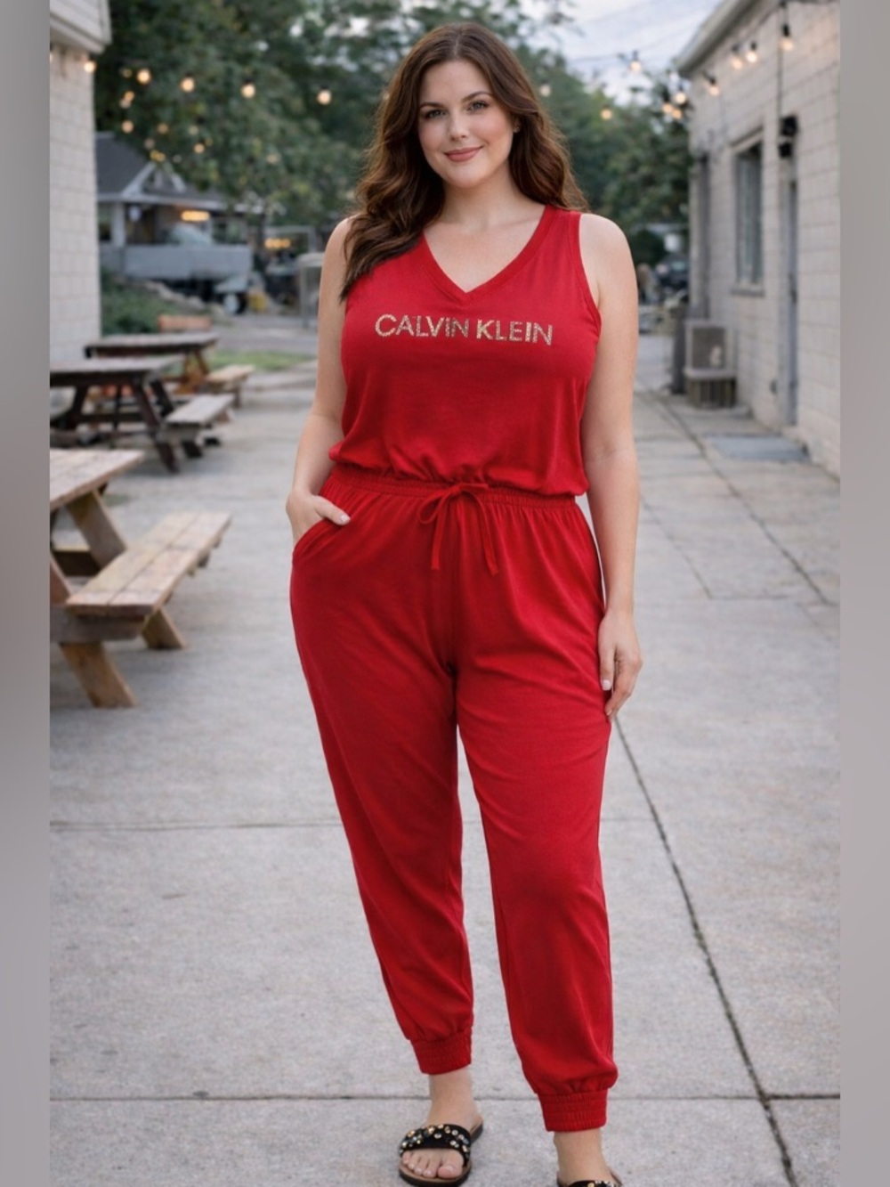 Calvin Klein Red V-Neck Rhinestone Logo  Jumper Romper Size 1X NWT